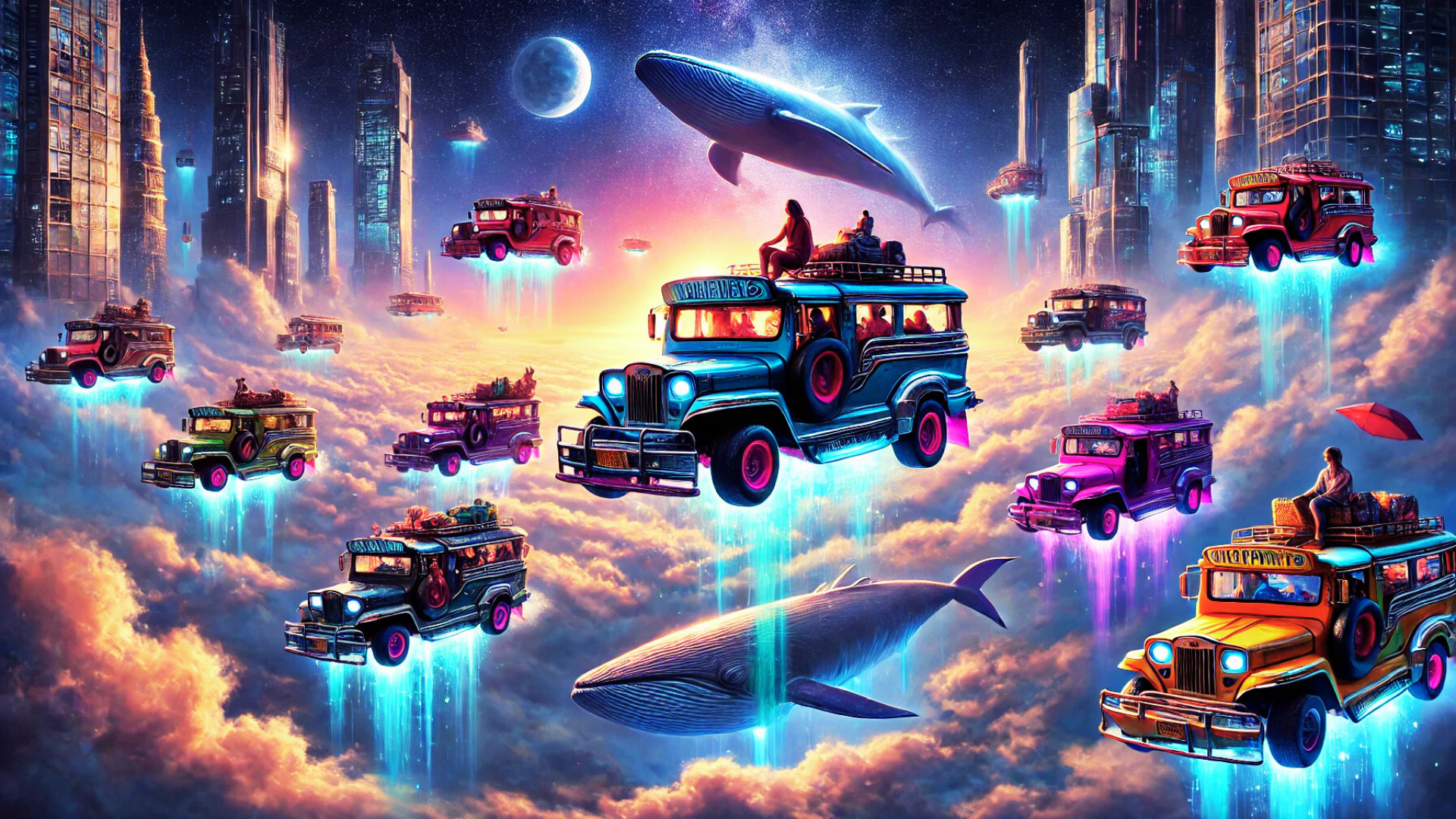 Vibrant Filipino jeepneys float through a surreal sky, guided by glowing light trails in a dreamlike journey.